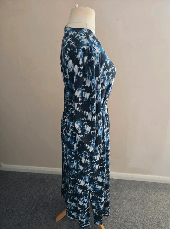 Primark Women's Blue, Black & White Patterned Belted Midi Dress Size 16