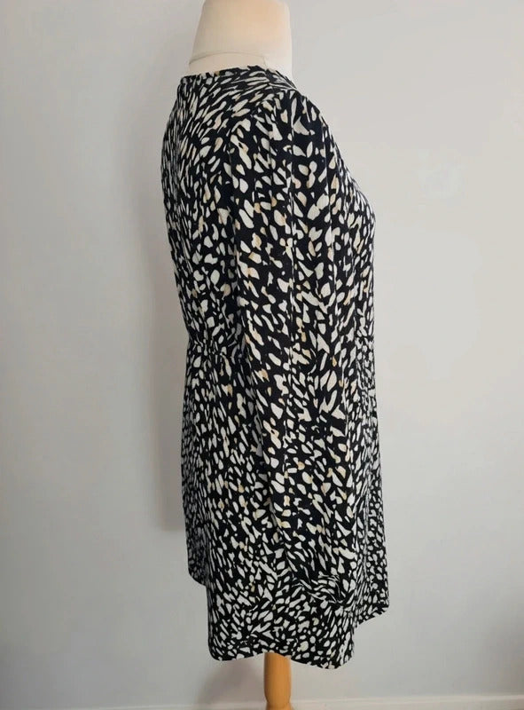 Primark Black & Beige Animal Print Long Sleeve Skater Dress Size 10-12