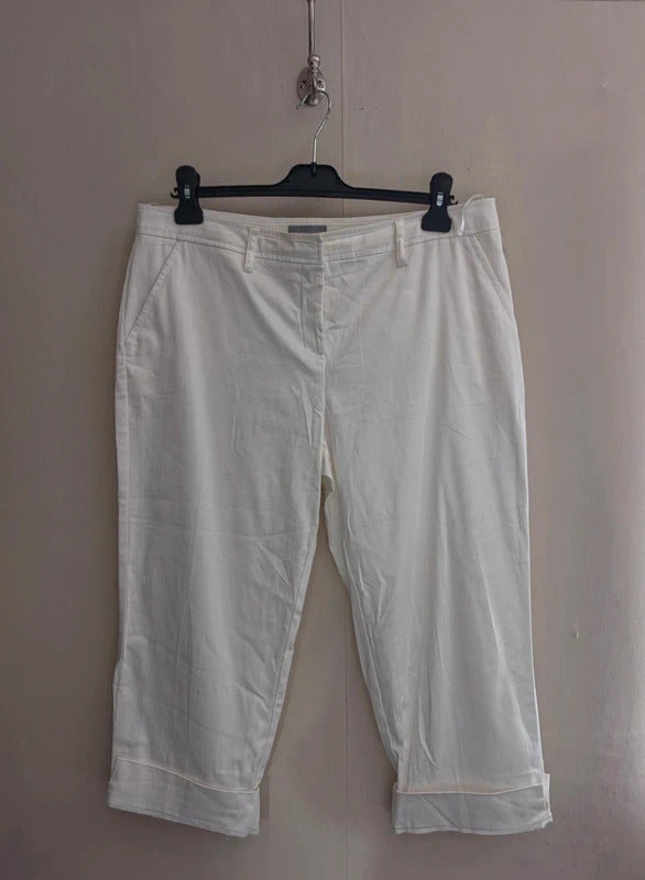 Per Una White High-Waist Cropped Trousers Cuffed Hems Size 14