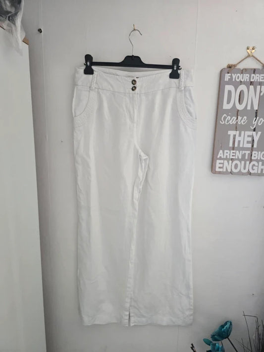 Soon White 100% Linen High Waisted Flared Trousers Size 14