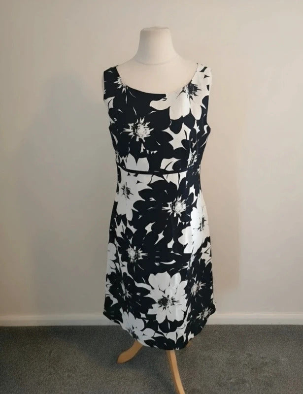 Laura Ashley Monochrome Cotton-Linen Floral Midi Dress Size 14