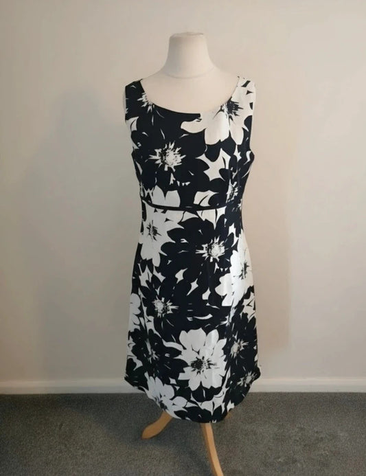 Laura Ashley Monochrome Cotton-Linen Floral Midi Dress Size 14