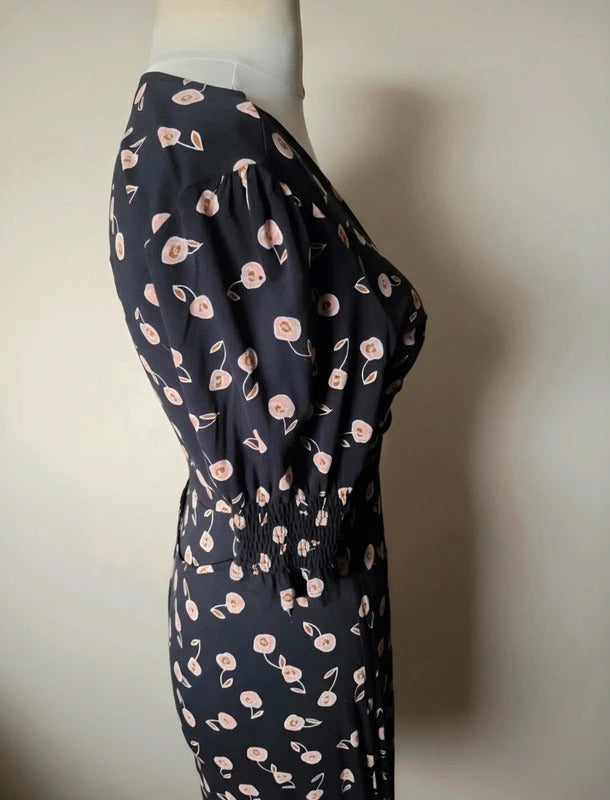 French Connection Black & Pink Floral Midi Dress – Size 10