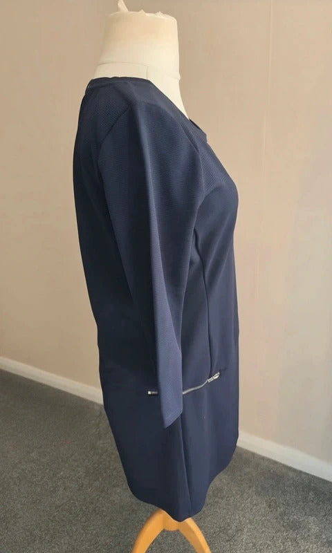 Next Women's Navy Blue Ribbed Zip-Pocket Knee-Length Dress Size 12
