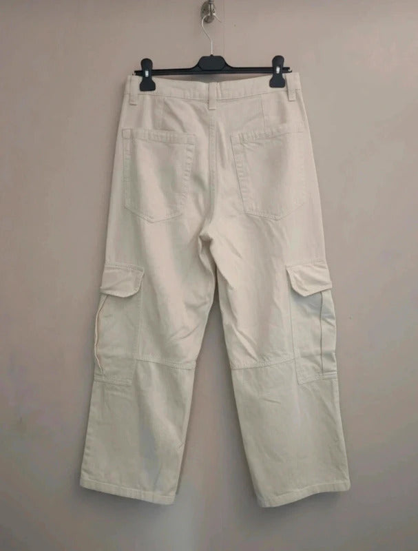Bershka Cream High Waisted Cargo Flared Cotton Jeans Size EU 38 Size 10