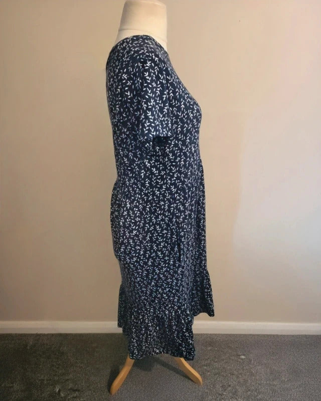 Barbour Navy & White Floral Short Sleeved Flared Midi Dress with Pockets Size 12