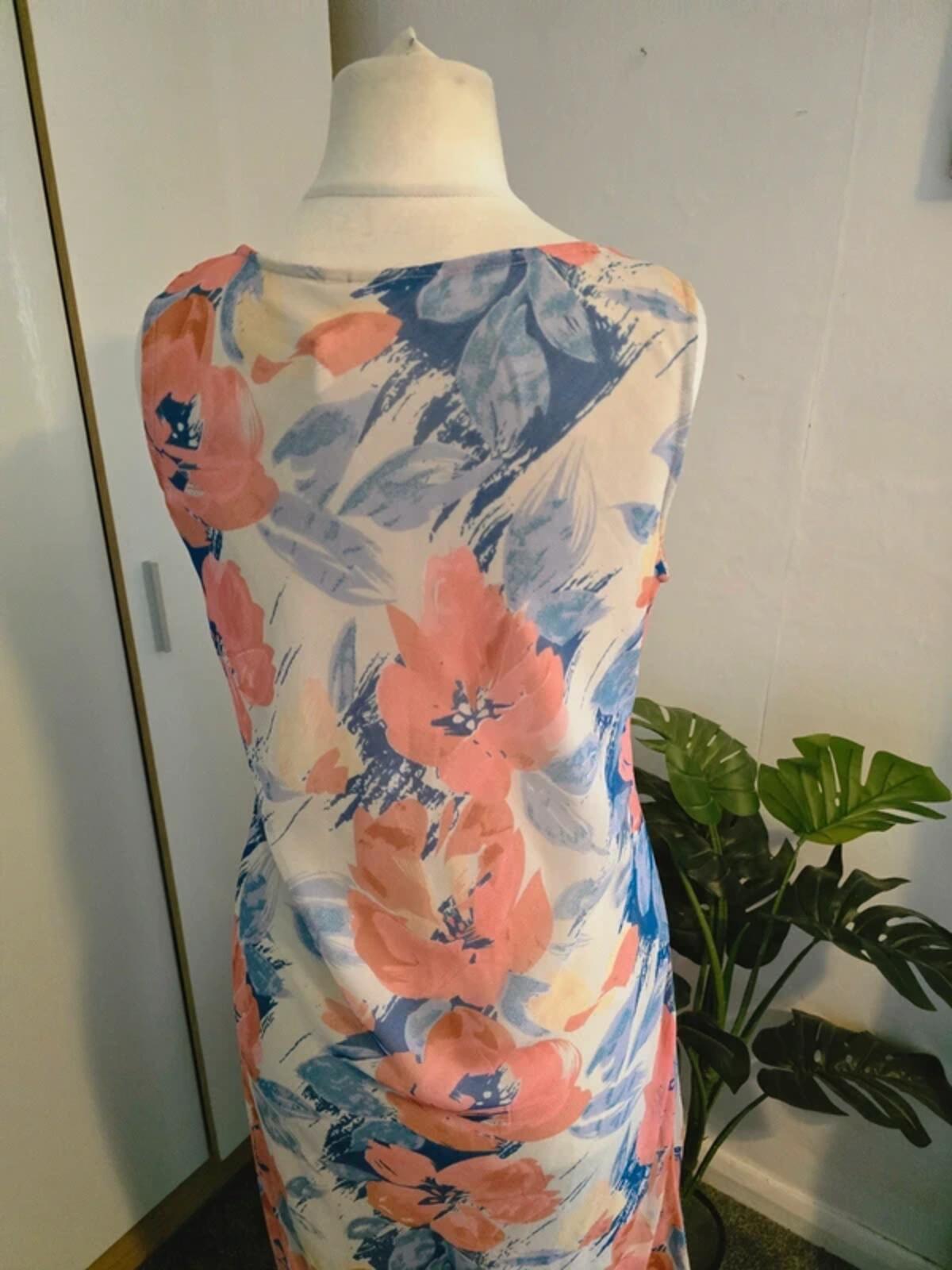 Adini Cream Pink & Blue Floral Sleeveless Midi Dress L Size 10-12