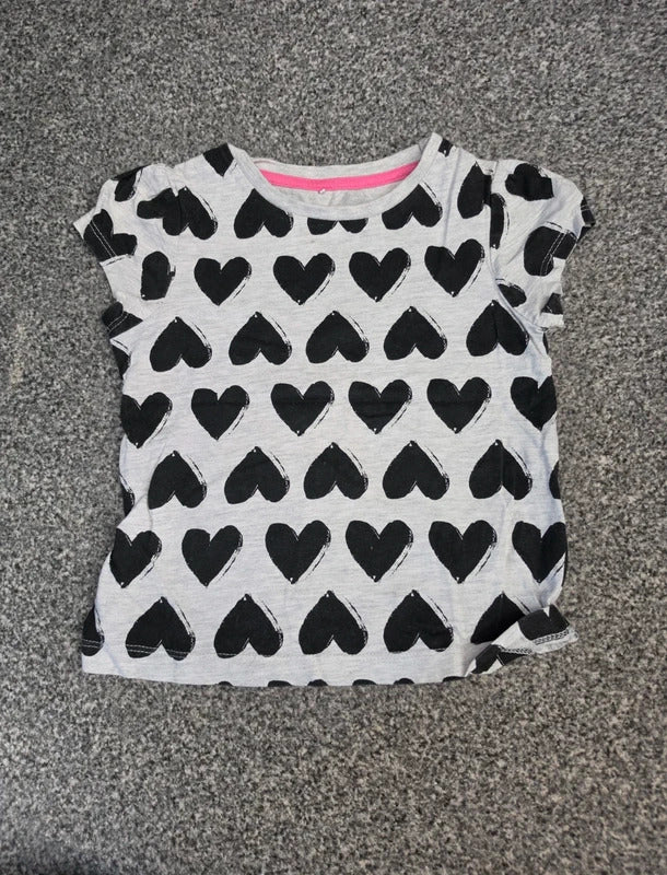 George Girls Light Grey Marl & Black All-Over Heart Print T-Shirt Age 2-3 Years