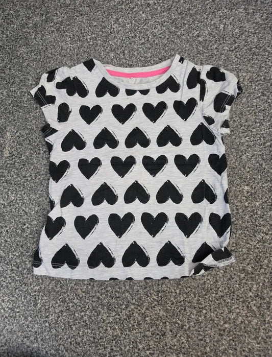 George Girls Light Grey Marl & Black All-Over Heart Print T-Shirt Age 2-3 Years