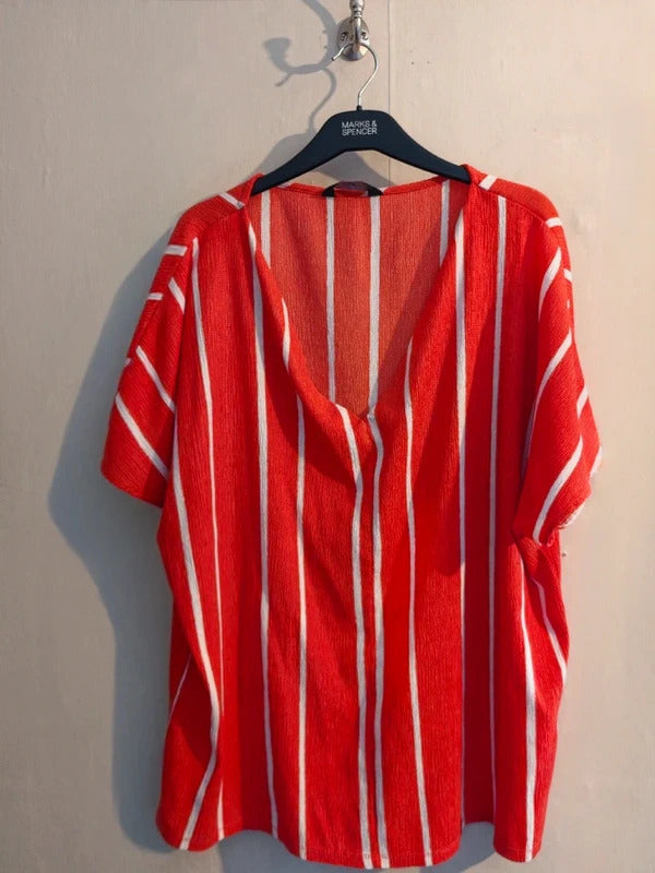 F&F Red & White Striped V-Neck Short Sleeve Relaxed Fit Tunic Top Size 20