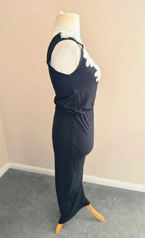 Primark Women's Black & Cream Crochet Yoke Bodycon Maxi Dress Size 10