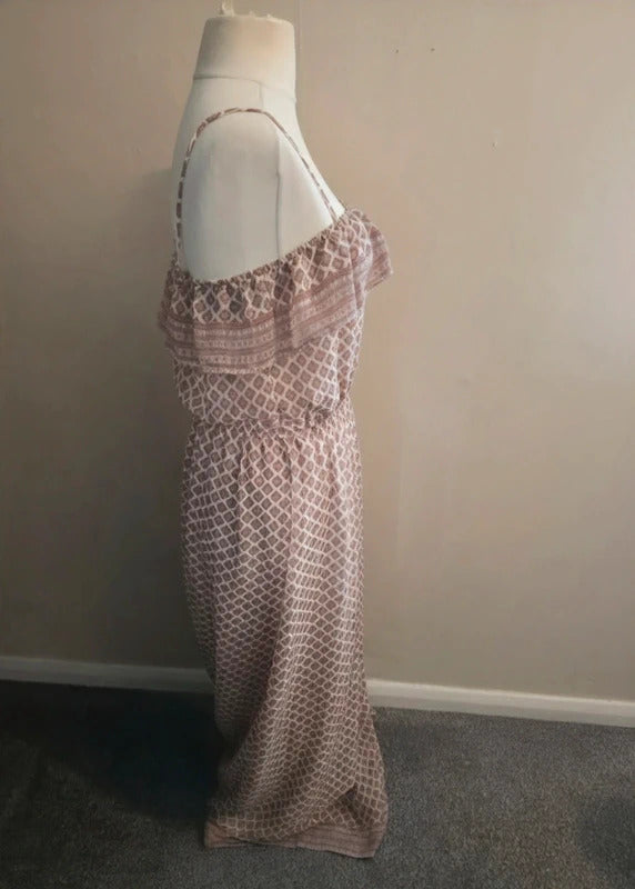 Miss Selfridge Beige & White Patterned Adjustable Strap Flared Maxi Dress 12