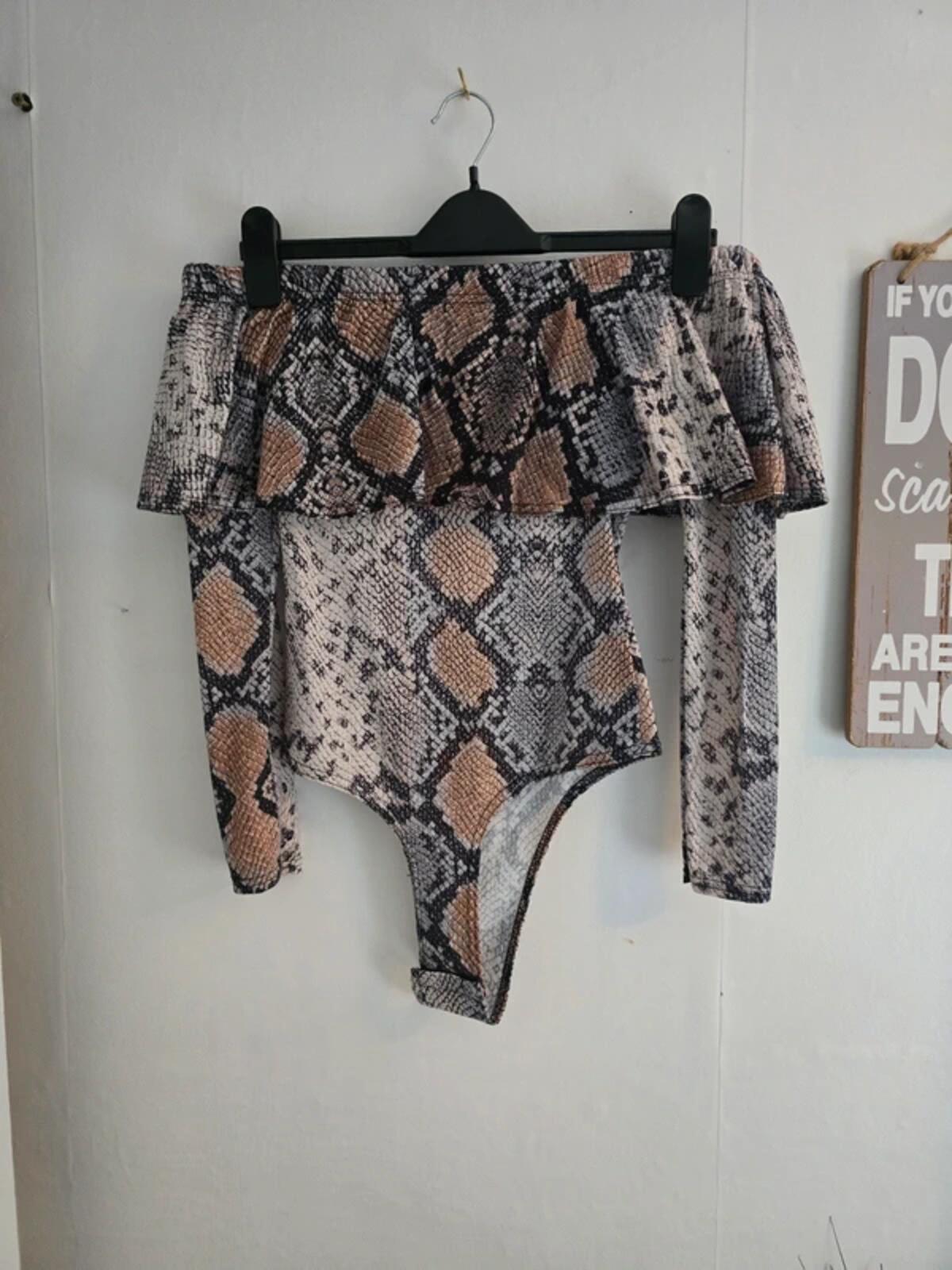 Prettylittlething Beige & Brown off the shoulder  Snakeskin Bodysuit - Size 8