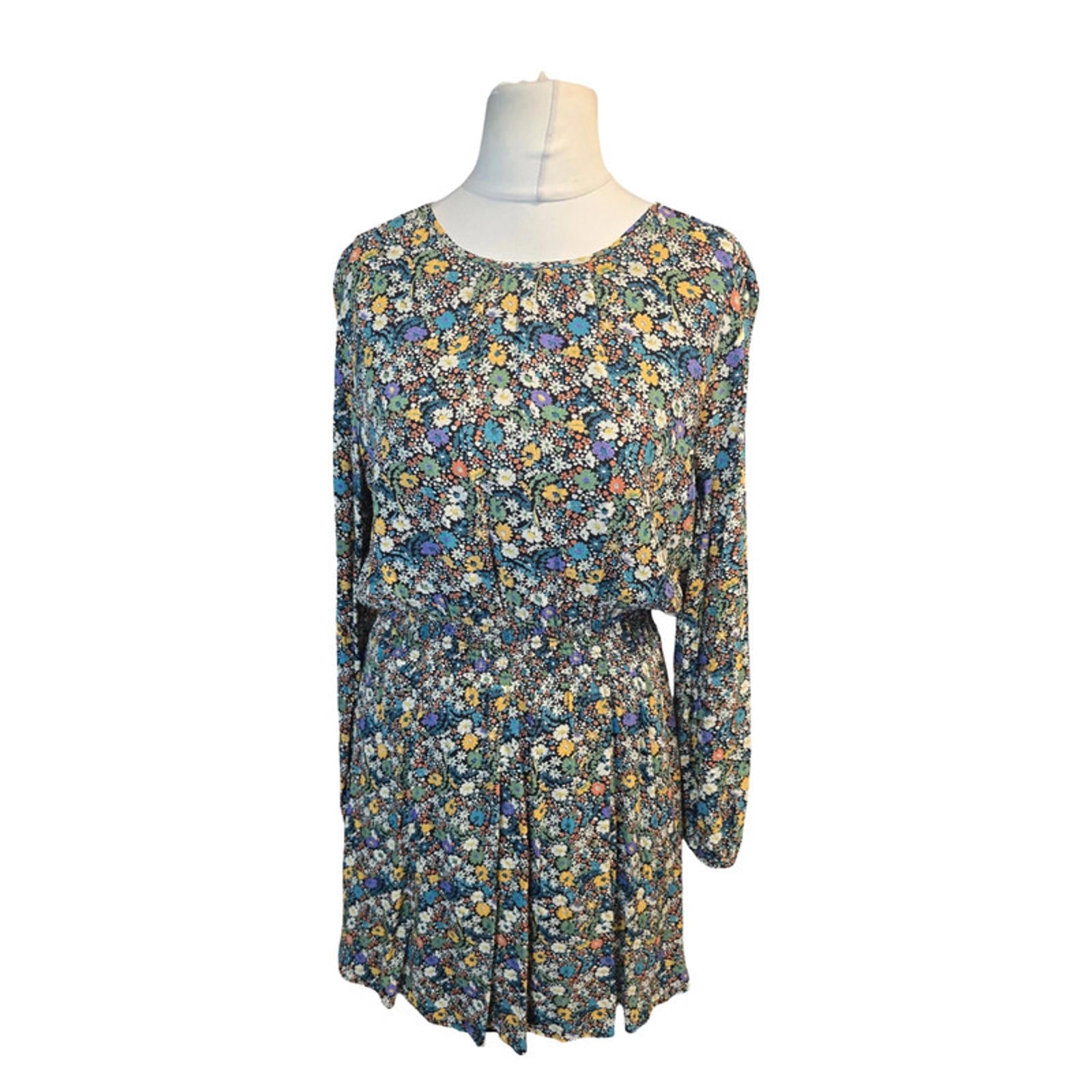 Next Floral Midi Dress Multicolour Size 10 Smocked Waist & Tie Back