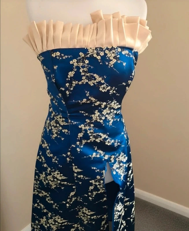 Bespoke Elizabeth Glaze Y2K Royal Blue Cream Frill Evening Dress