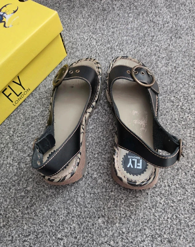 Fly London Black Grey Patterned Leather Slingback Wedge Sandals Boxed EU41 UK 7