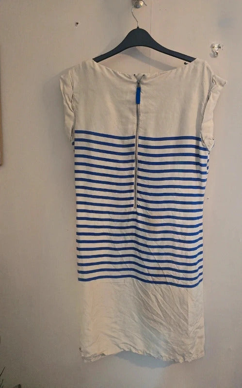 Derhy Cream & Blue Striped Floral 100% Silk Short Sleeved Knee Dress L Size 12