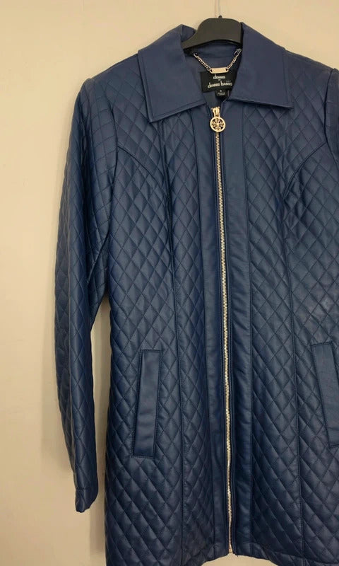 Dennis Basso Navy Blue Quilted Faux Leather Long Jacket Coat Small Size 8-10