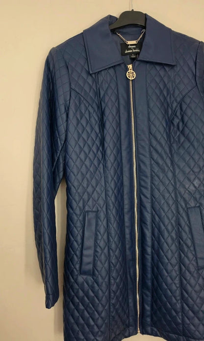 Dennis Basso Navy Blue Quilted Faux Leather Long Jacket Coat Small Size 8-10