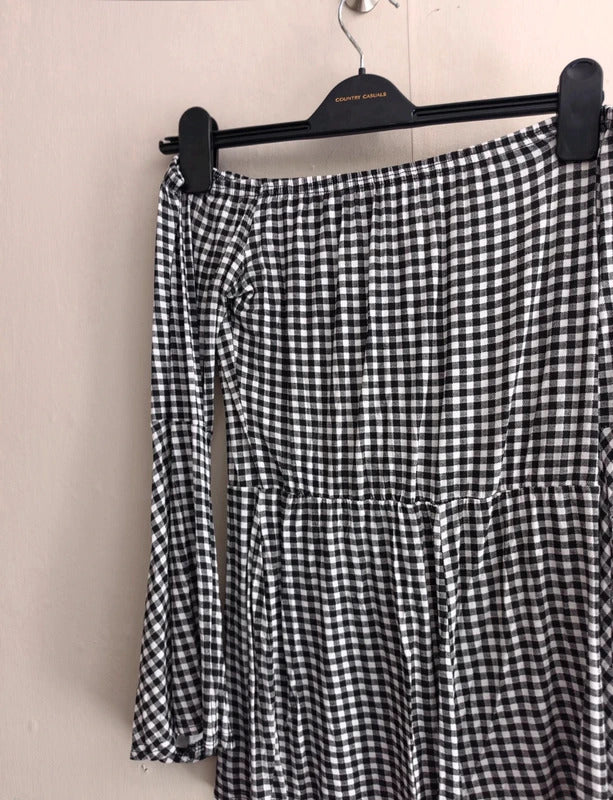 Boohoo Black & White Gingham Off The Shoulder Flared Sleeve Playsuit Size 12