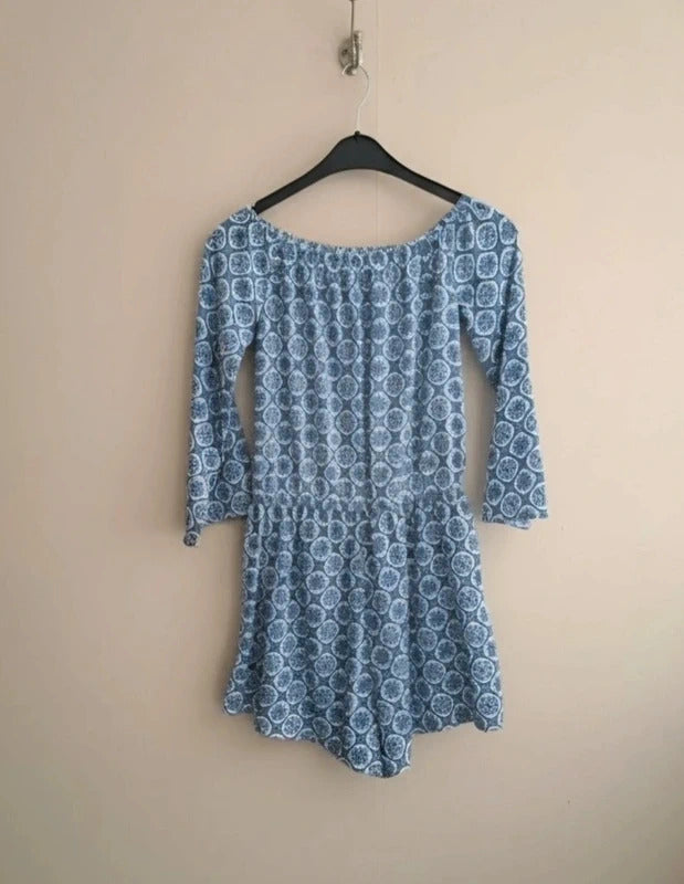 Boohoo Blue & White Patterned Off Shoulder Playsuit 3/4 Sleeves Size 10