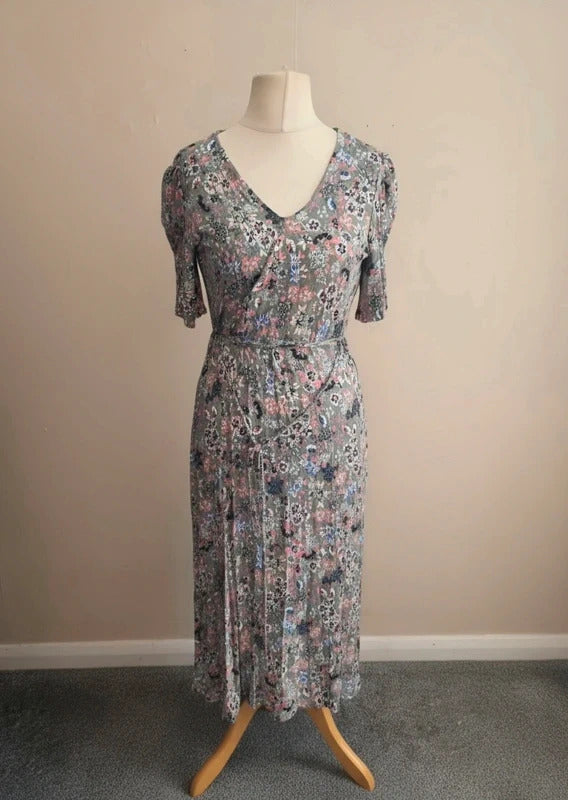 Marks & Spencer Sage Green & Pink Floral Puff Sleeve Midi Dress Size 10