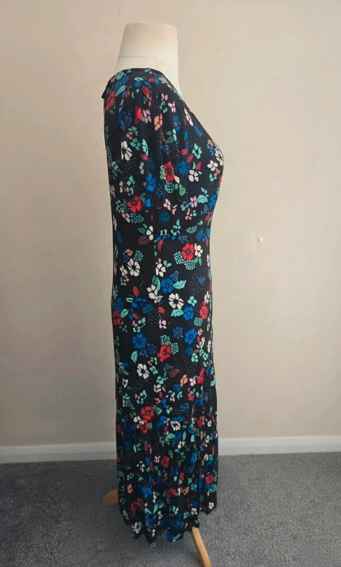 Next Black Multicoloured Floral Button Up Frill Hem Midi Dress Size 12