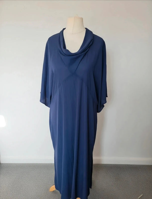 Next Navy Blue Maxi Dress Size 20 Cowl Neck Flared Sleeve Sheer Panel Dress NWT
