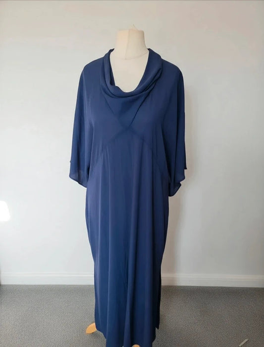 Next Navy Blue Maxi Dress Size 20 Cowl Neck Flared Sleeve Sheer Panel Dress NWT