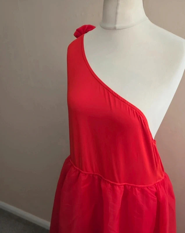 Shein Red Puffed One Shoulder Bow Netted Midi Maxi Dress 4XL Size 24-26
