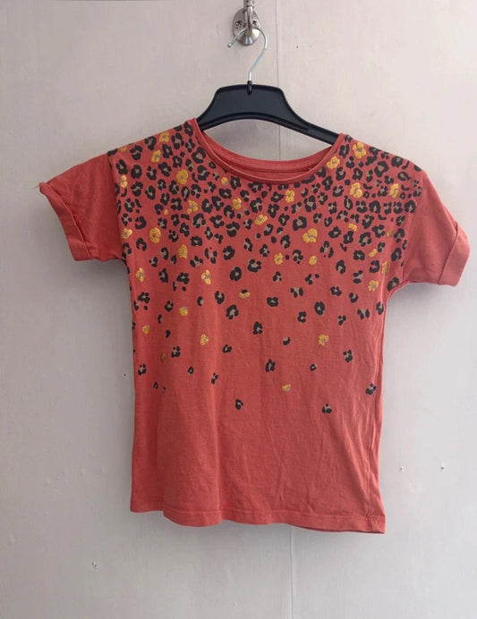 Tu Girls Orange Leopard Print Cotton T Shirt Age 8years