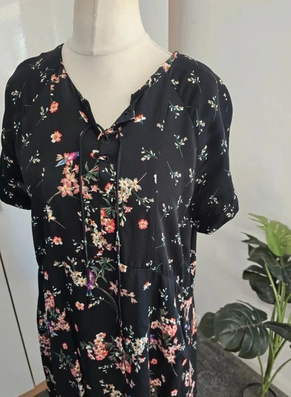 Phase Eight Black Floral Tie Front Dress Short Sleeves Size 16
