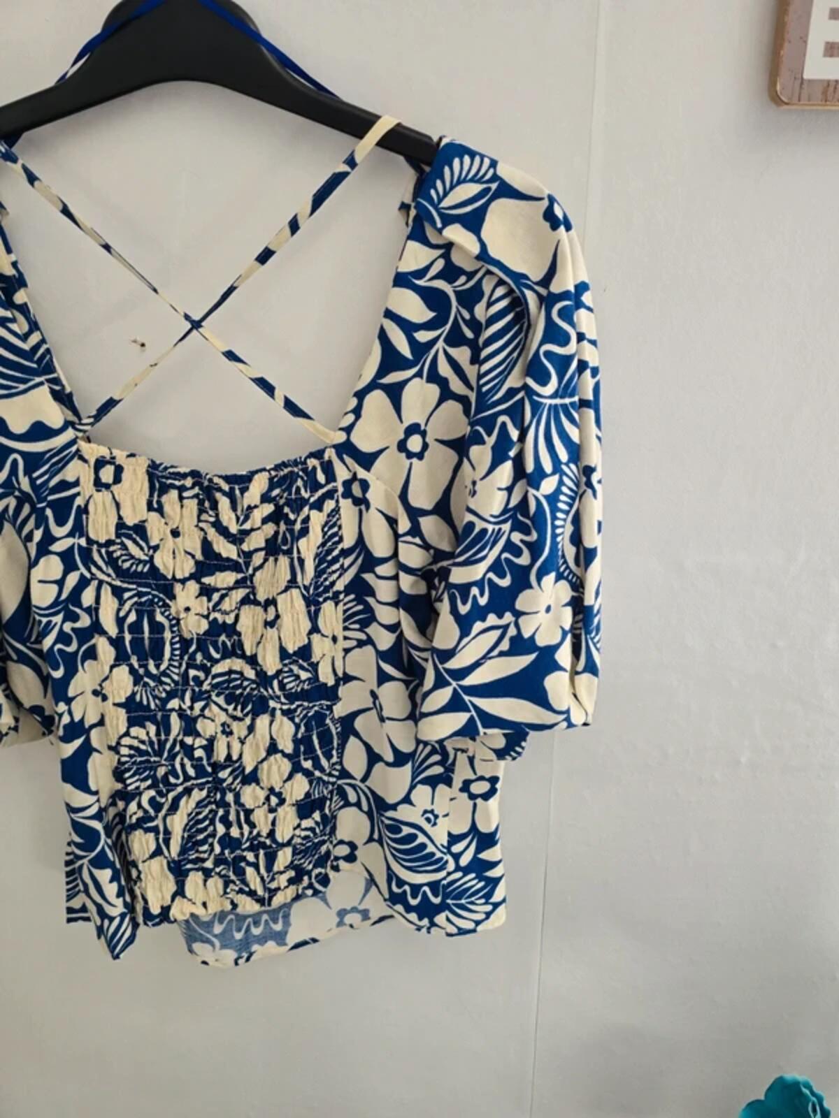 Tu Blue & White Floral 2-Piece Co-Ord Outfit Size 14 Reg