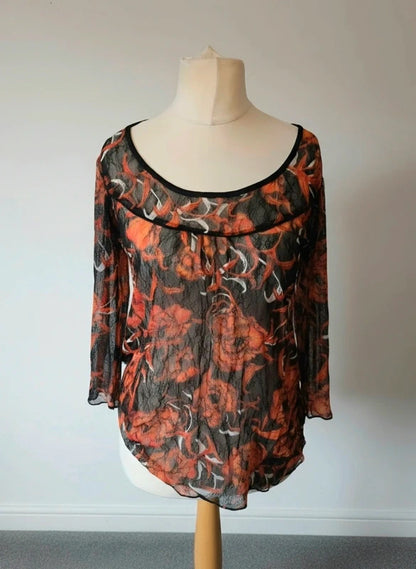 Per Una Black & Orange Floral Sheer Blouse Top – Size 16