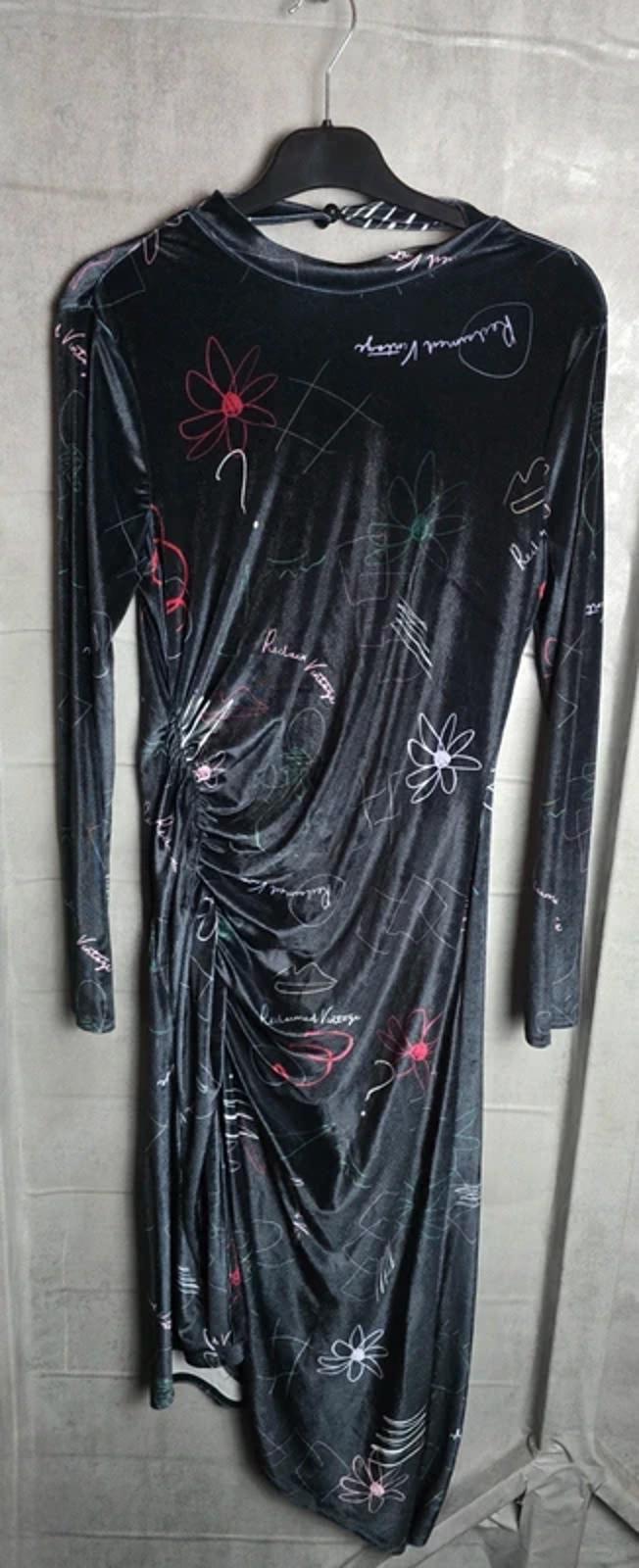 Reclaimed Vintage Black Velvet Dress Size 14 Graphic Ruched Midi V-Back