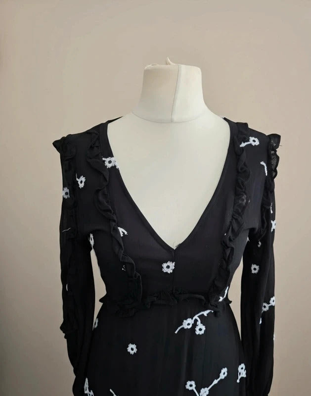 River Island Black & White Floral Frill Sheer Detail Midi Dress Size 8