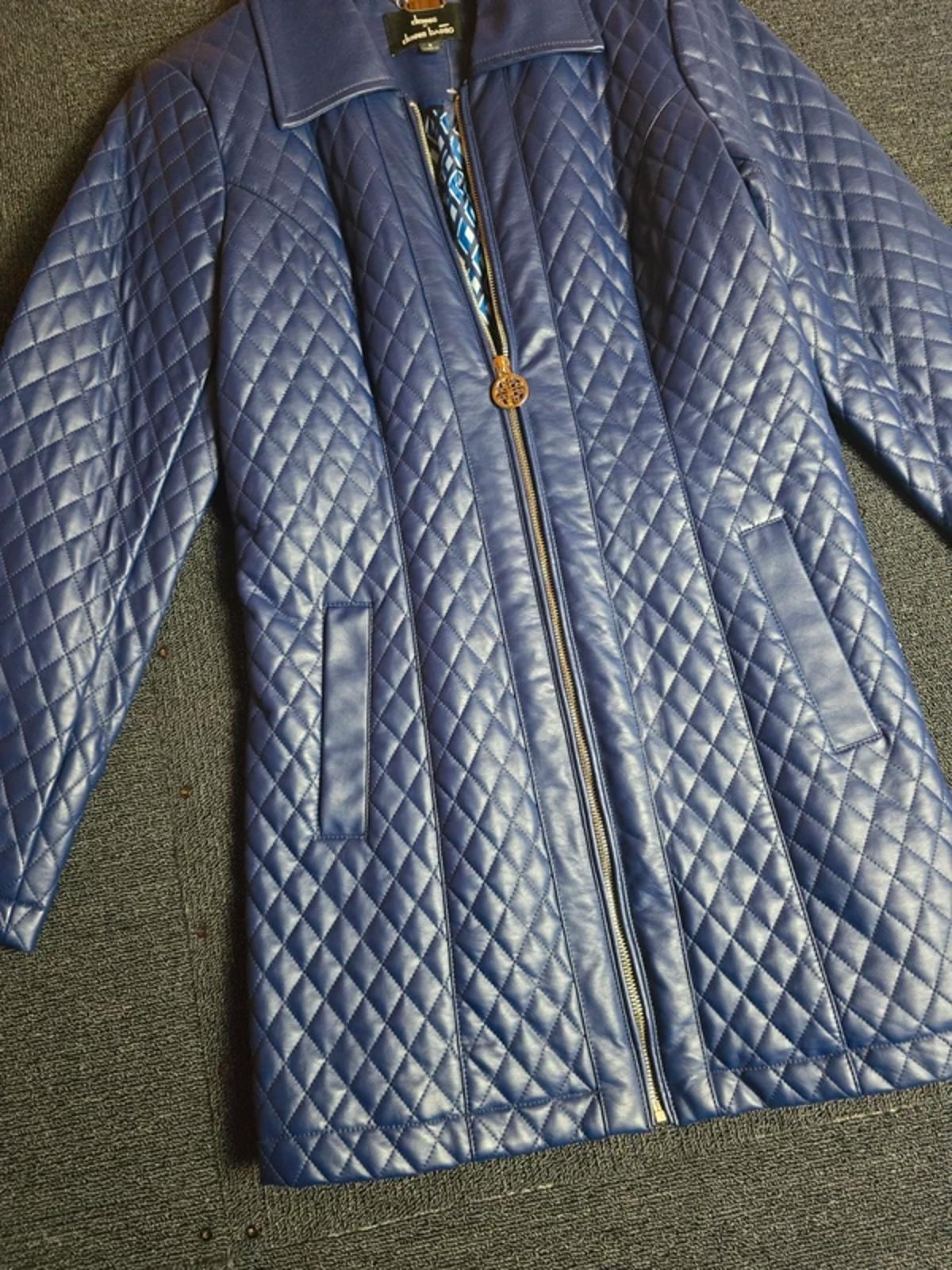 Dennis Basso Quilted Faux Leather Jacket Blue S Size 8/10 Mid Length Zip Up