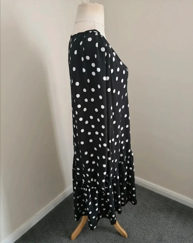 Edie B Black White Polka Dot Frill Dress Long Sleeve V Neck Size 18