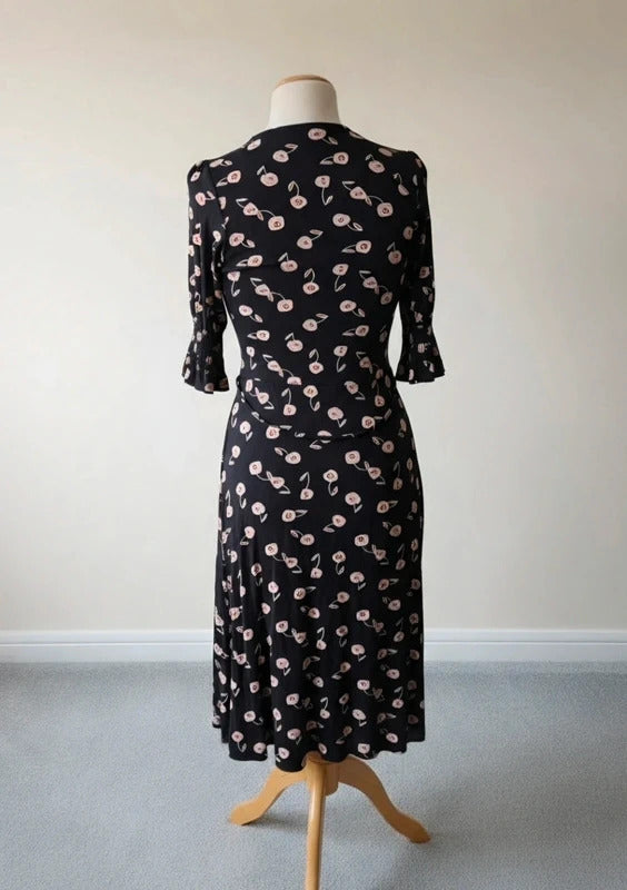 French Connection Black & Pink Floral Midi Dress – Size 10