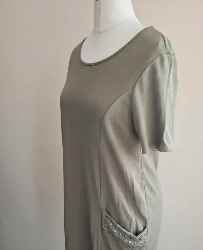 Roman Women's Khaki Green Studded Pocket Short-Sleeved Midi Dress Size 16