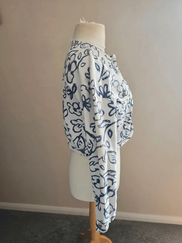 Winch White & Navy Floral Cropped Long Sleeve Cotton Denim Jacket Size 12