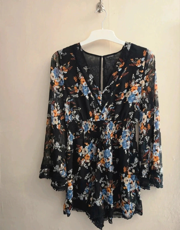 River Island Black Floral Sheer Bell Sleeve Playsuit Size 12