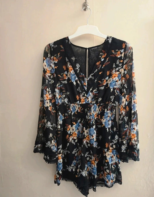River Island Black Floral Sheer Bell Sleeve Playsuit Size 12