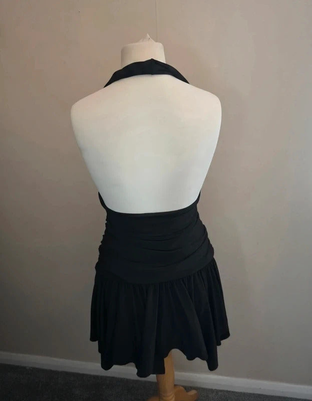 Bershka Black Y2K Ruched Halterneck Bodycon Mini Dress L Size 12