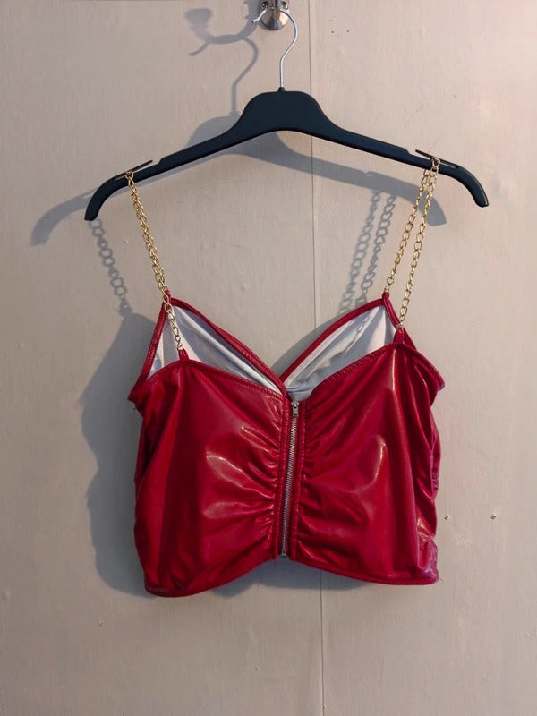Shein Red Faux Leather Chain Strap Knotted Back Zip Crop Top M Size 10-12
