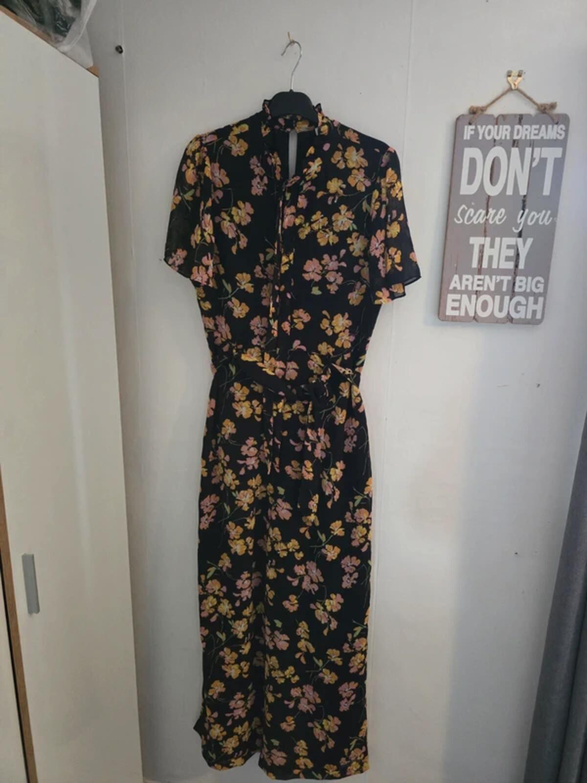 Warehouse Black Floral High-Neck Wide-Leg Jumpsuit Size 12