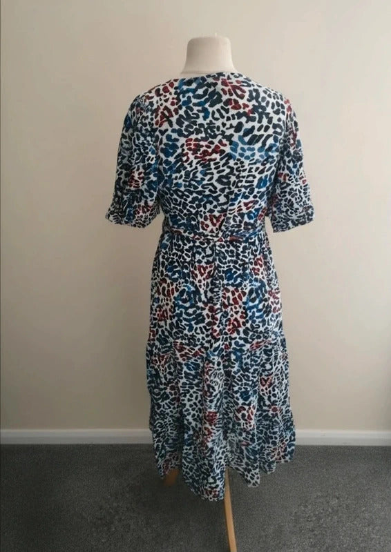 Next Multicoloured Animal Print Midi Wrap Dress with Puff Sleeves Size 12