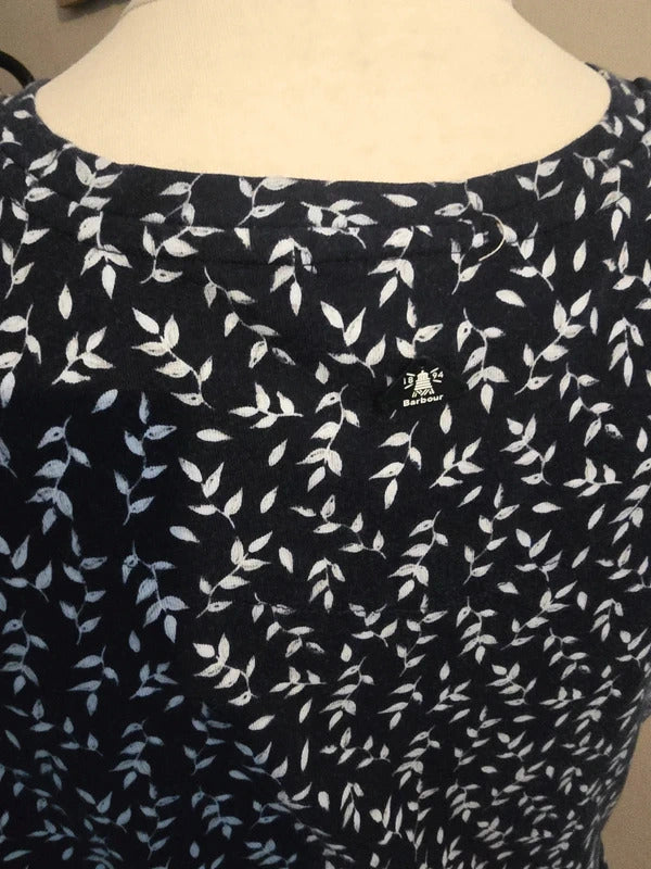 Barbour Navy & White Floral Short Sleeved Flared Midi Dress with Pockets Size 12