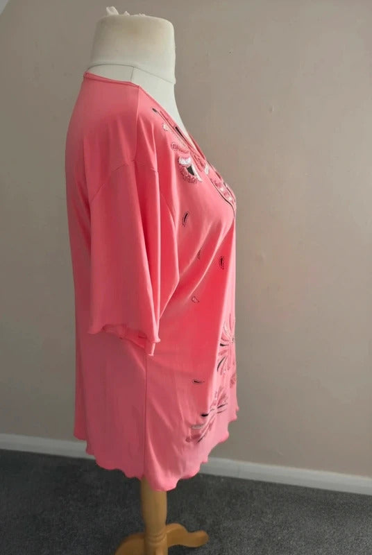 Mega Designs Pink Glitter & Beaded V-Neck Top XL Size 16-18