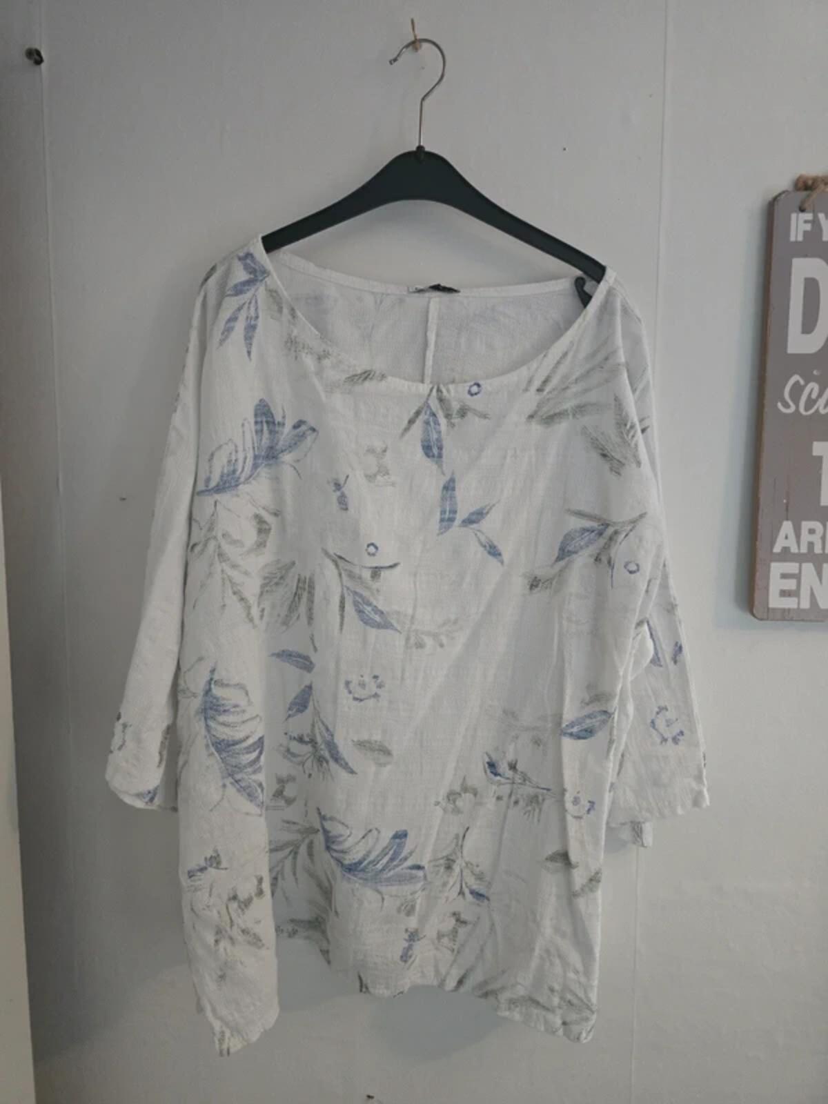 Made in Italy Oversized Floral Blue & Grey Cotton Blouse One Size NWT